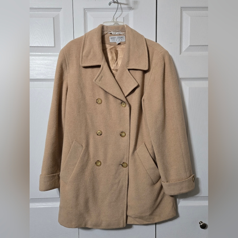 Tan Double Breasted Pea Coat Jacket w/Pockets, Size 12, 100% Camel Hair